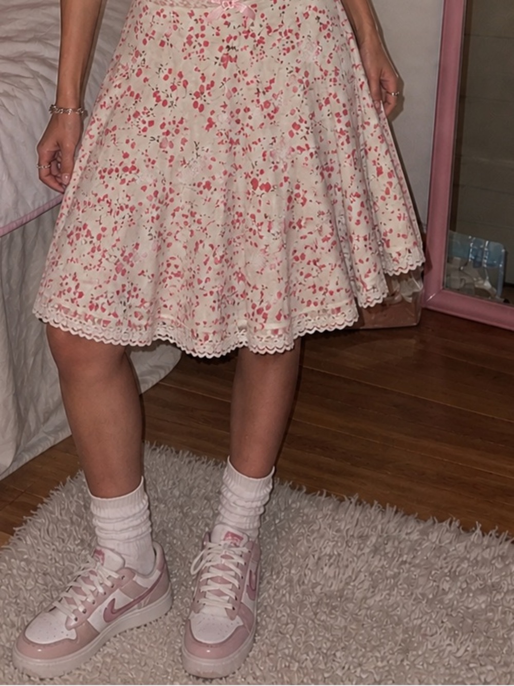 Cream & Pink Floral Lace Trim A-Line Skirt Size 10 fairy coquette cottage